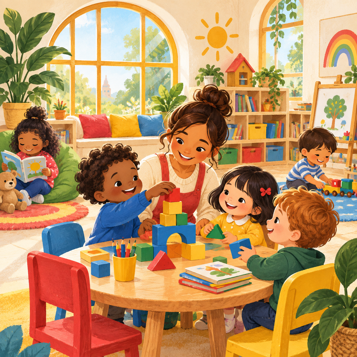 Ilustración de niños aprendiendo y jugando con su maestra en un aula luminosa